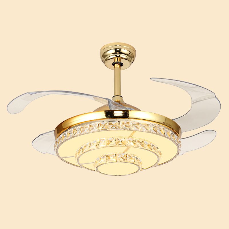 4-blade gelaagde Ronde slaapkamer Hangventilator Licht Crystal Modernistische LED Semi Flush Light in goud, 42 "W