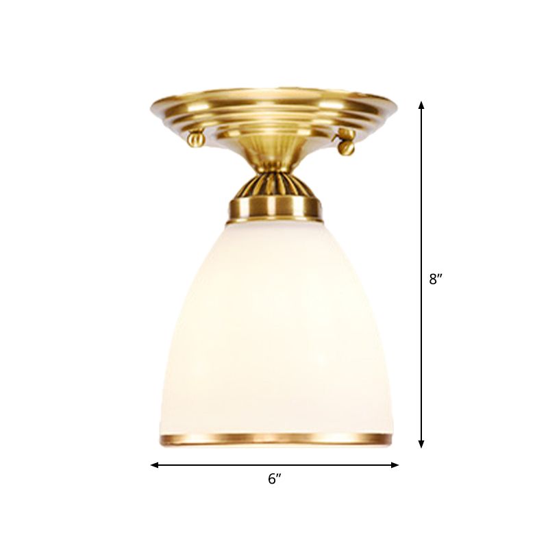 Globe / Cone White Glass Flush Mount Lamp Classic 1 Light Corridor Ceiling Lighting in Brass