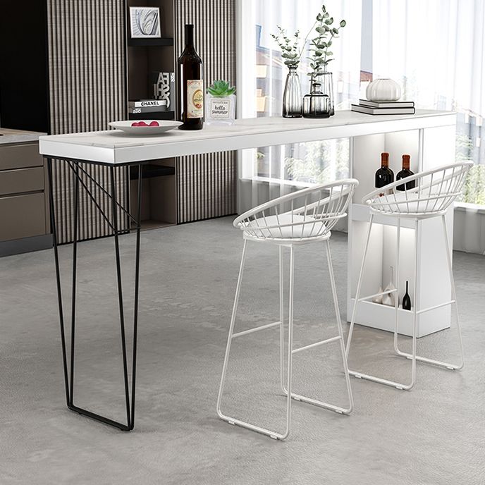 Industrial White Wood Bar Dining Table Stone Top Rectangle Indoor Bistro Table with Shelf