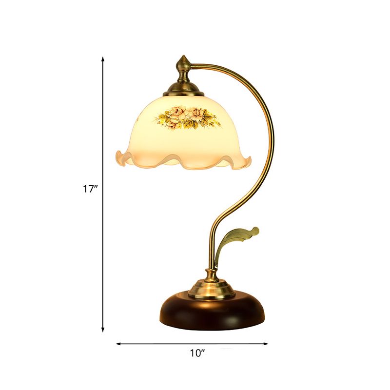 Retro Dome Pleated Night Light Single Bulb Frosted Glass Desk Lamp with Floral Pattern in Gold