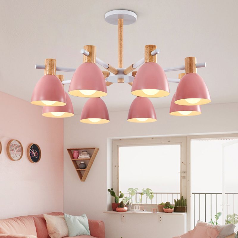 Bell -vormige woonkamer kroonluchter metalen macaron -stijl plafond hang licht met houten accenten