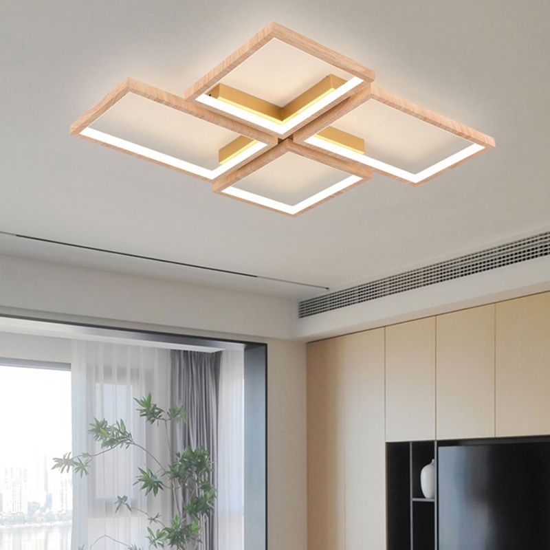 Modern Style Square Shape Flush Mount 4-Lights Wood Ceiling Light for Living Room