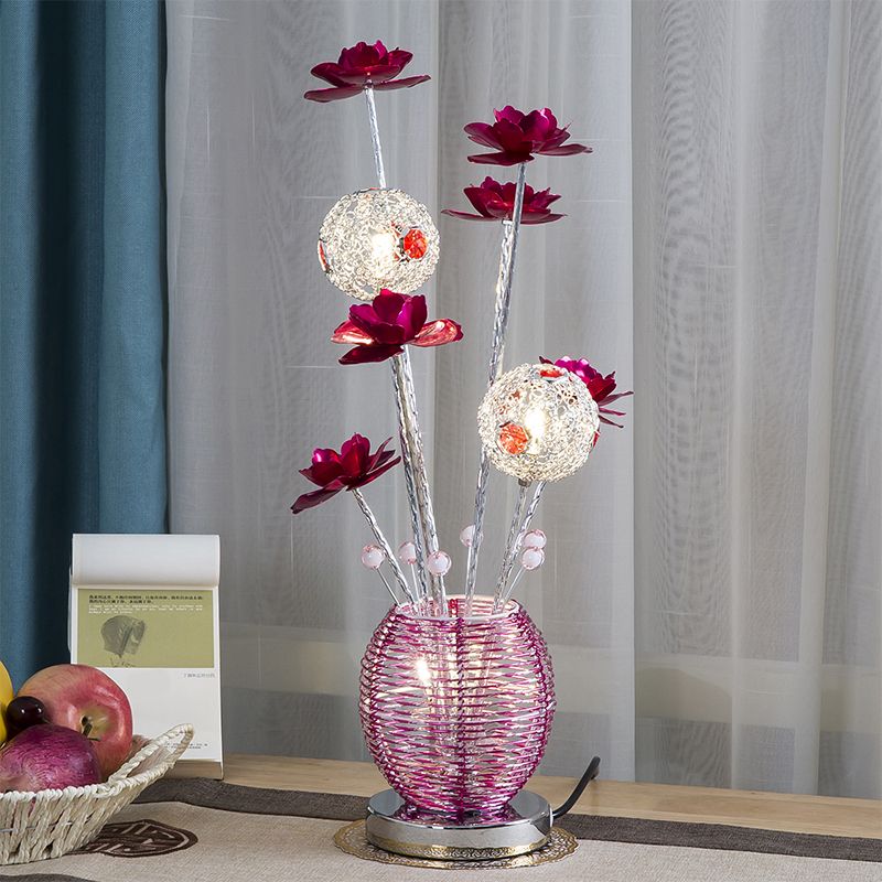 Pink/Red LED Rose Table Light Decorative Aluminum Spherical Decorative Nightstand Lamp for Bedroom