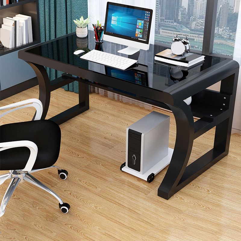 Contemporary Office Desk Antique Finish Glass Top Computer Desk with Metal Legs