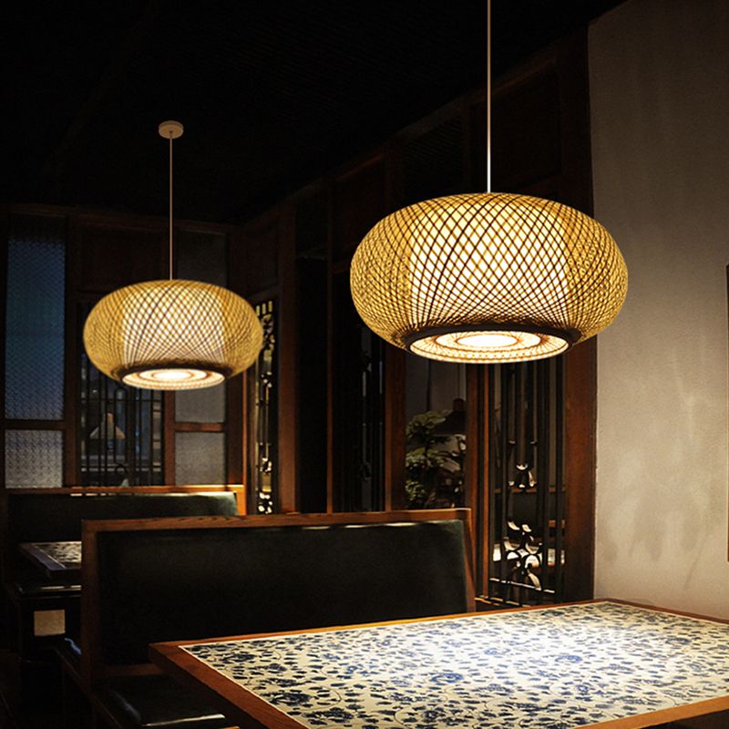 Asian Style Hanging Light 1-Light Hand Weaving Drum Shaped Pendant Lamp for Bedroom