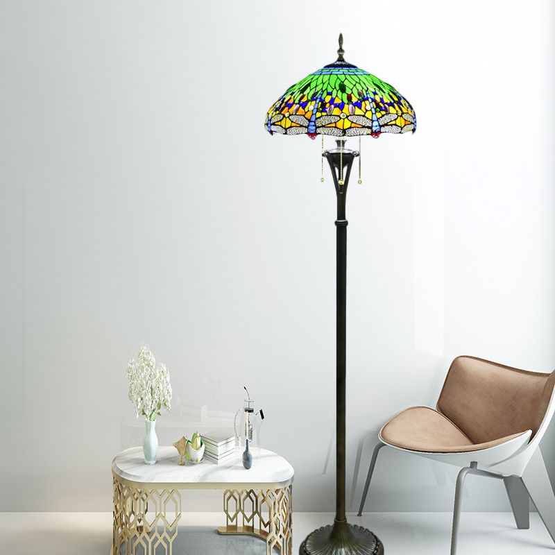 Stained Glass Dragonfly Reading Floor Lamp Baroque 3 Heads Yellow/Blue/Green Pull Chain Stand Up Light with Domed Shade