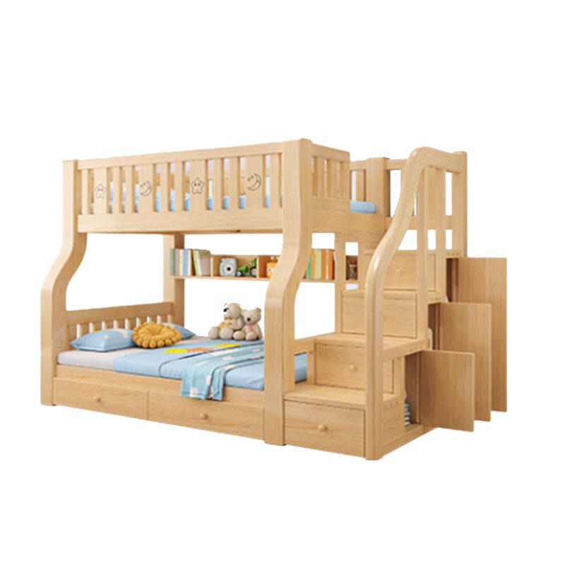 Contemporary Bunk Bed Solid Wood Natural Standard Storage Slat with Stairway