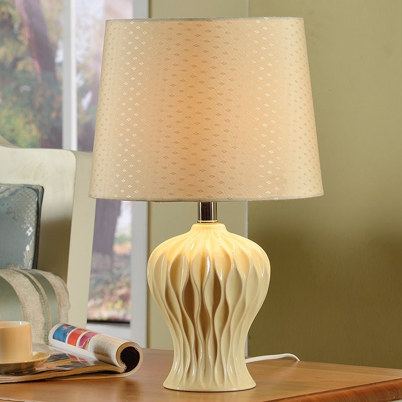 Fabric Barrel Task Lamp Modern 1 Bulb Table Light in White with Urn Ceramic Base