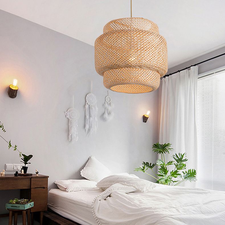 Lantern Bamboo Rattan Shape Pendant Hanging Lamp Asia Style 1 Light Hanging Ceiling Light  for Living Room