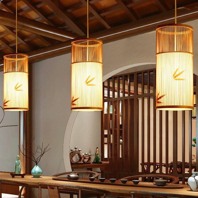 Wood Cylindrical Pendulum Light Asian 1 Bulb Bamboo Pendant Ceiling Light for Bistro