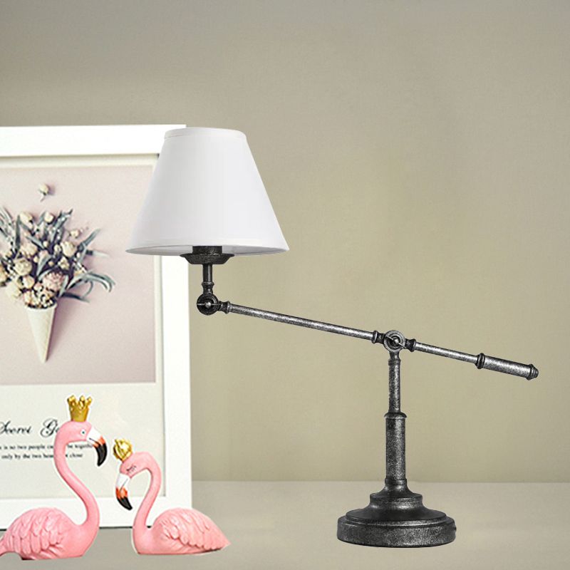 White 1 Light Night Table Lamp Country Fabric Conical Nightstand Light with Water Pipe Design