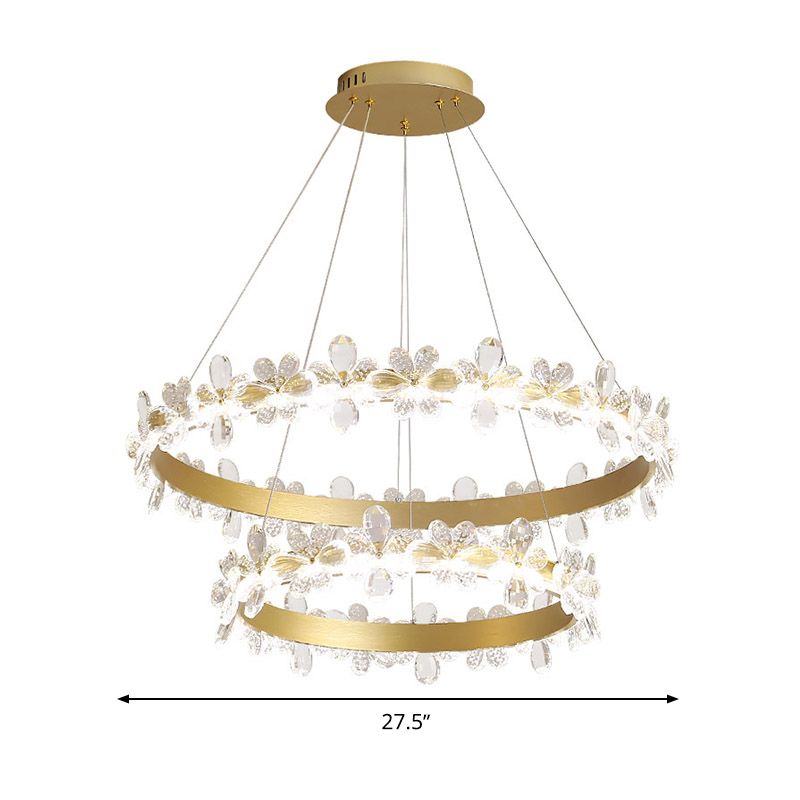 Round Chandelier Lamp Modern Crystal 19.5"/27.5" Wide LED Gold/Coffee Pendant Light Fixture in Warm/White Light