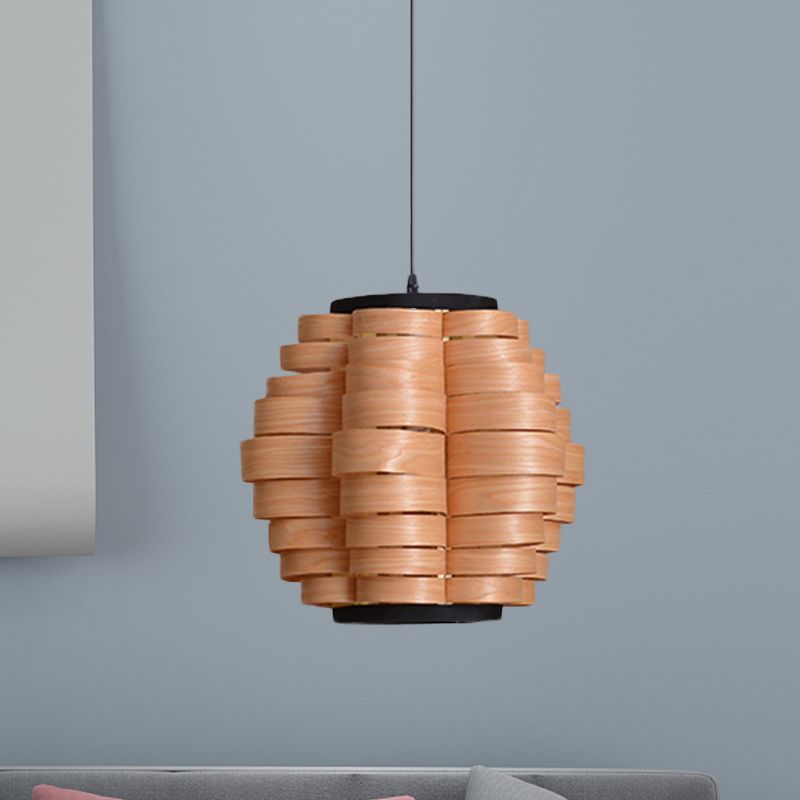 16"/19.5"/23.5" Wide Wood Barrel Shade Hanging Light Chinese Single Light Veneer Pendant Lamp for Dining Room