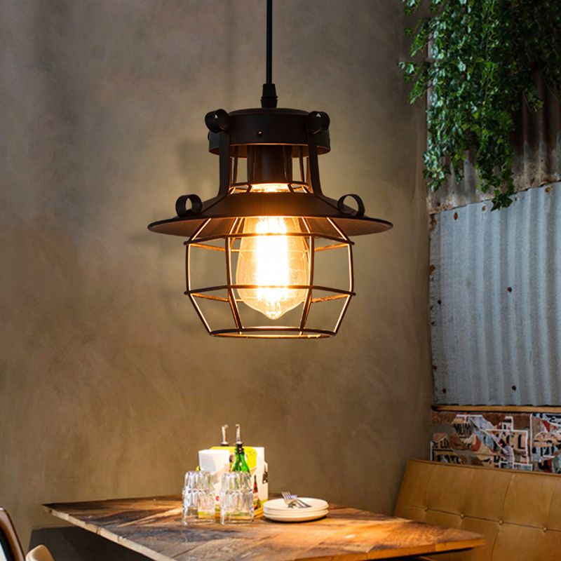 Black Metal 1 Light Pendant Light Indsutrial Retro Wire Cage Hanging Lamp for Restaurant