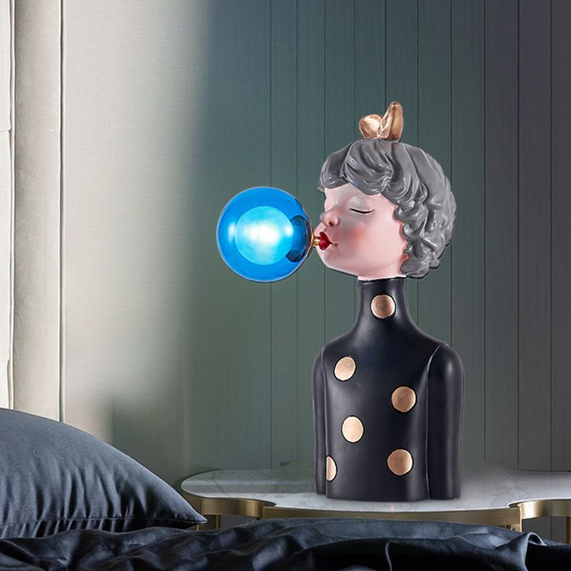 Blowing Bubble Girl Resin Desk Light Cartoon 1 Bulb Black Night Lamp with Clear/Blue/Green Glass Shade