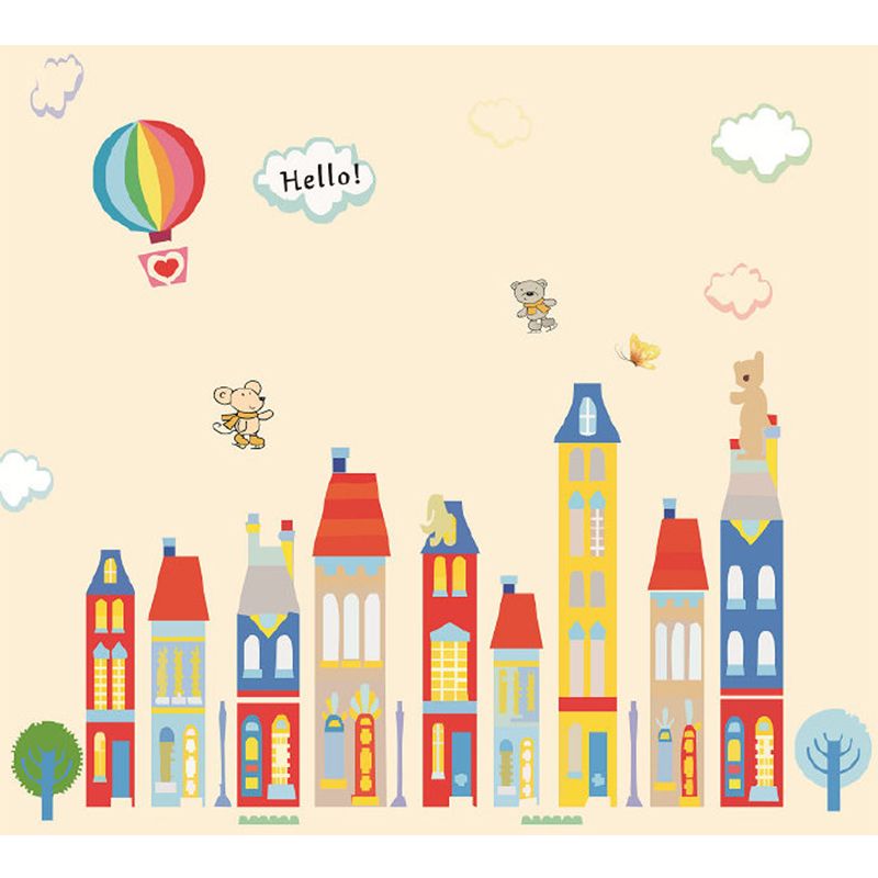 Cartoon Fantasy Houses Wall Mural Pastel Color Stain-Resistant Wall Decor for Kindergarten