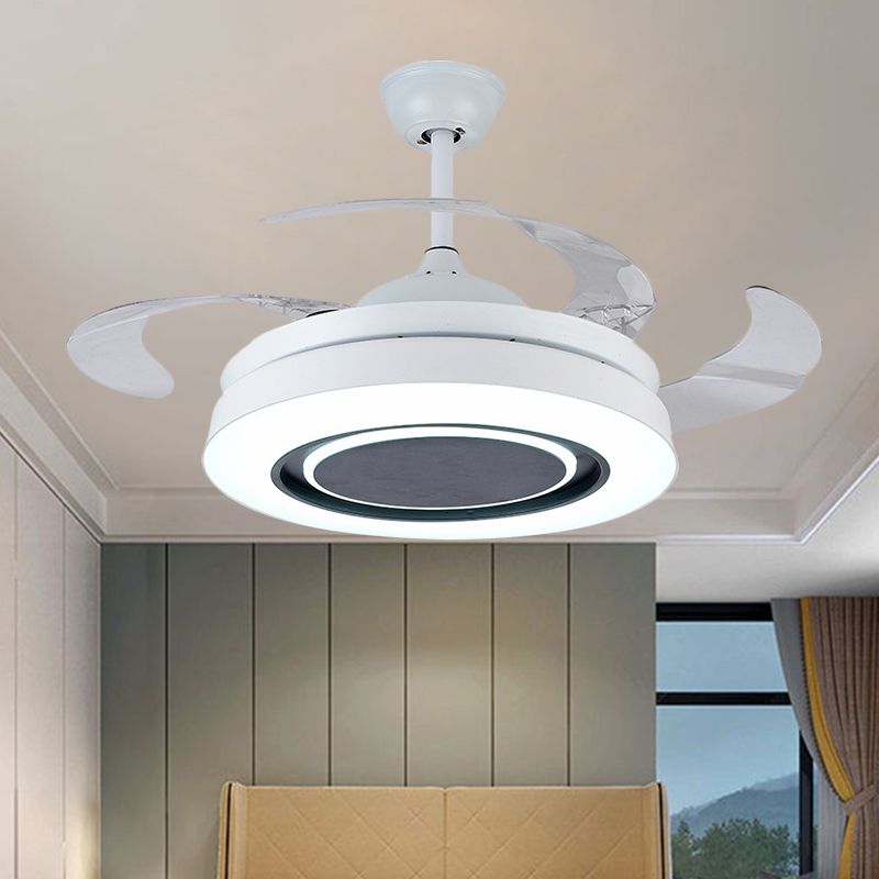 White Drum-Shape Pendant Fan Lamp Minimalism 42" Wide LED Acrylic Close to Ceiling Light with 4 Clear Blades