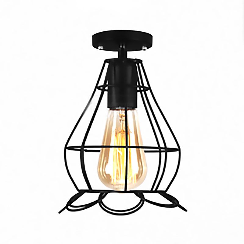 Barn/Oval Restaurant Semi Flush Mount Light con sombra de jaula Metal de granja 1 Luz de techo negro Ligero