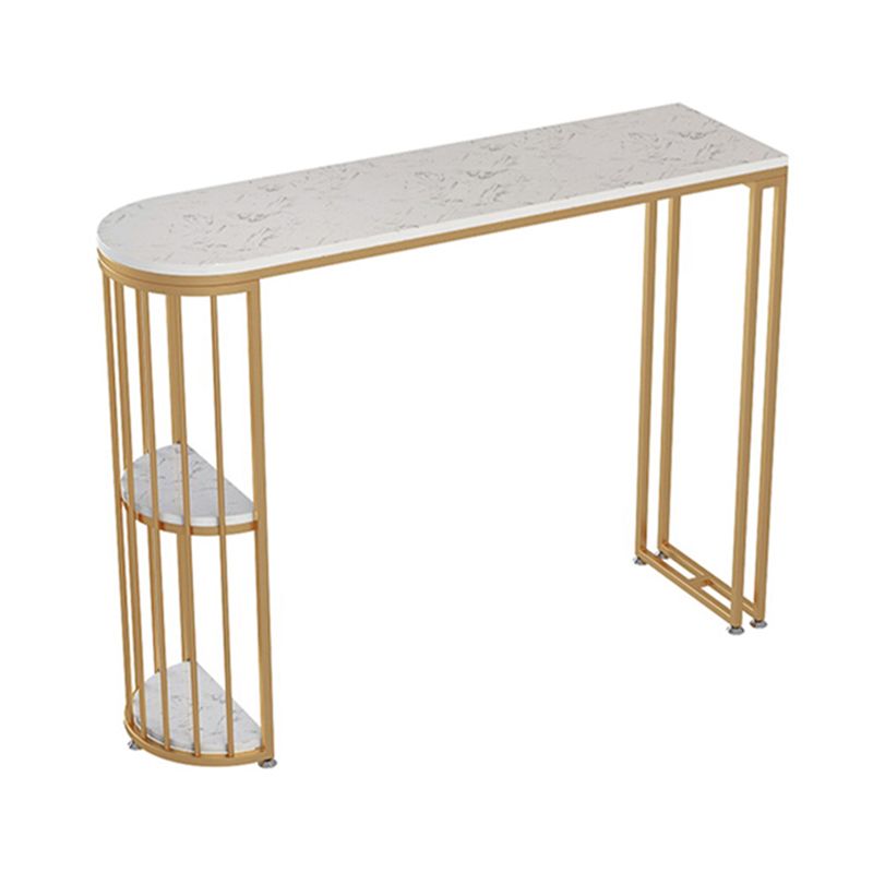 Glam White Faux Marble Pub Bar Table Gold Iron Double Pedestal Bar Dining Table with Shelf