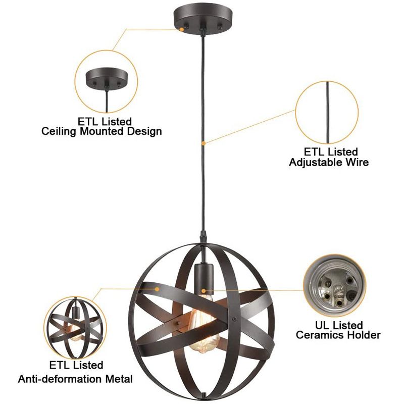 11.8" Diameter Globe Metal Cage Hanging Light Single Bulb Vintage Industrial Style Lighting Fixture for Bedroom