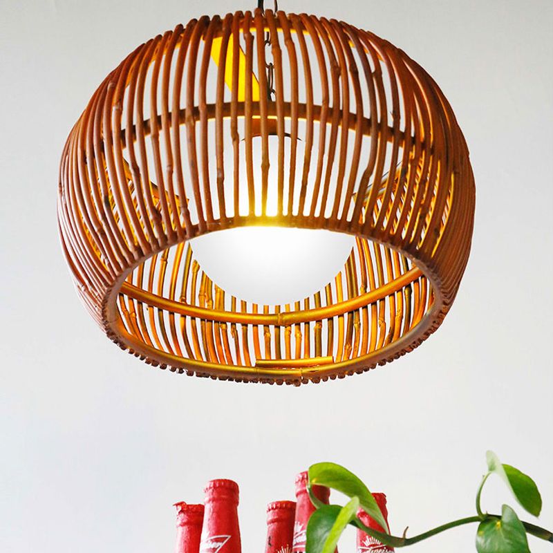 Red Brown Drum Hanging Lamp Retro 1 Head Bamboo Ceiling Pendant Light with Ball Opal Glass Shade