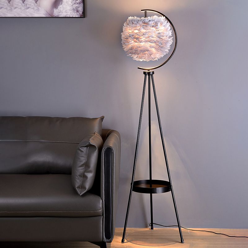 Postmodern Spherical Floor Light Feather 1 Head Living Room Standing Lamp with Tripod Tray