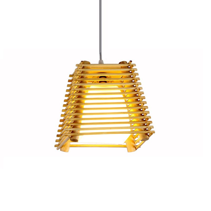 Bambou Trapezoid suspendu luminaire de pendentif en bois naturel moderne à 1 bulbe de plafond en bois avec teinte en verre blanc