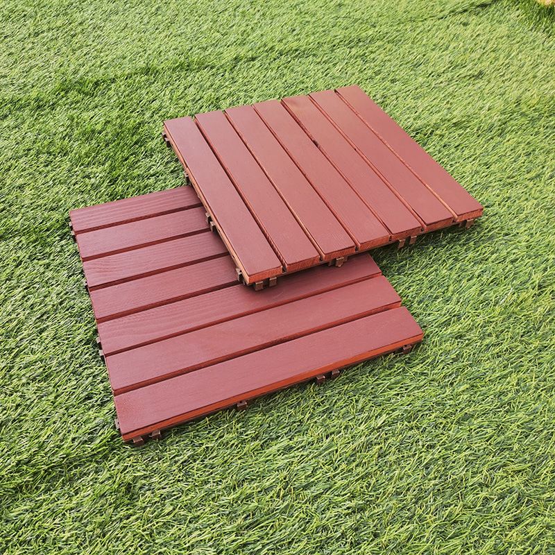 Red 6-Slat Square Wood Patio Tiles Snap Fit Installation Floor Board Tiles