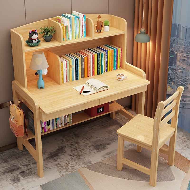 Solid Wood Writing Desk Table and Chairs Set Adjustable Kid's Desk with Storage Shelves