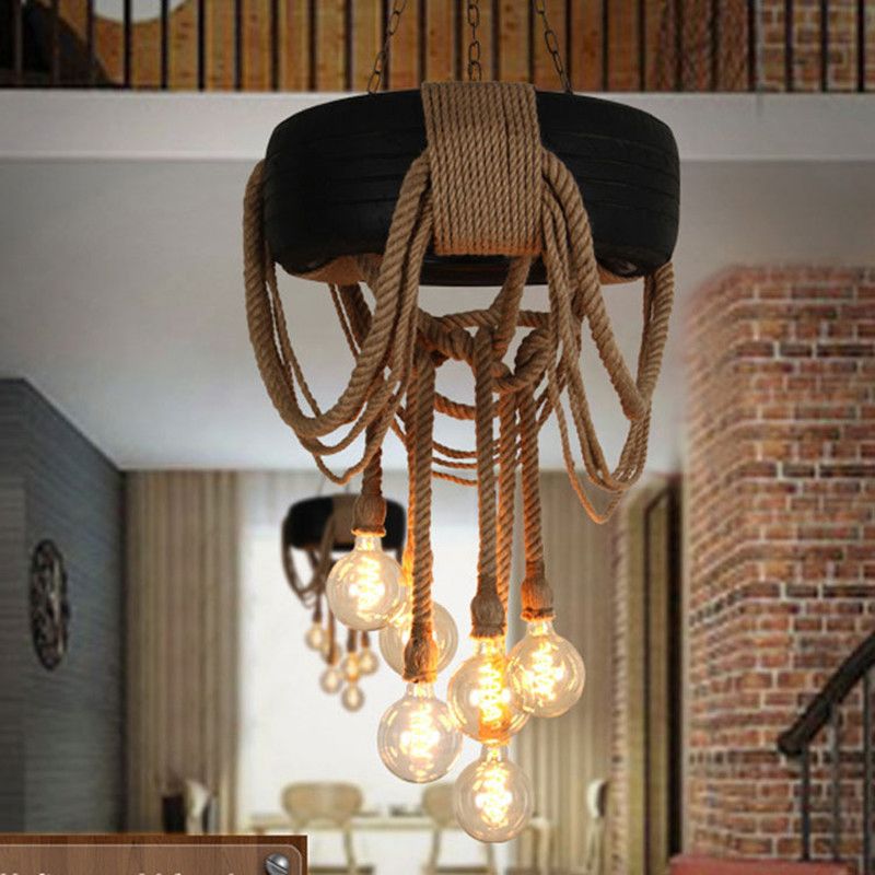 Brown 6-Light Chandelier Loft Style Rope Bare Bulb Pendant Lighting with Tyre Decoration