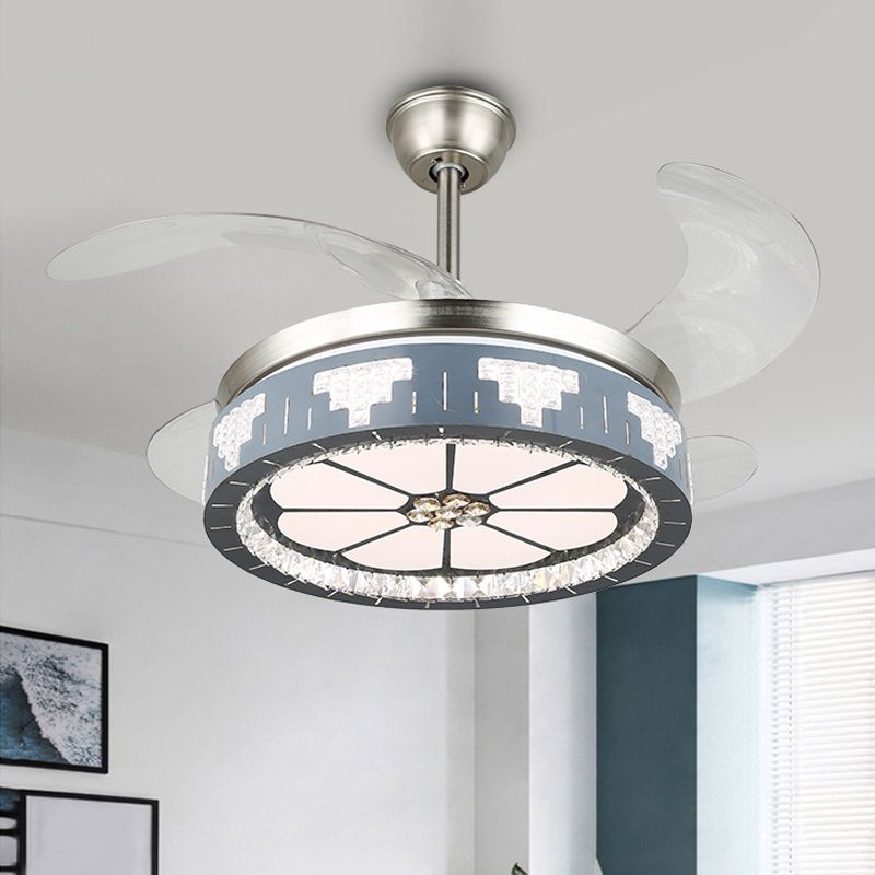 4-Blade Faceted Crystal Round Pendant Fan Light Modernity LED Silver Semi Mount Lighting, 19" Wide