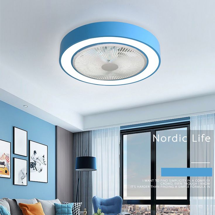 Macaron Drum Ceiling Fan Light Fixture Acrylic Living Room LED Semi Flush Light with Remote