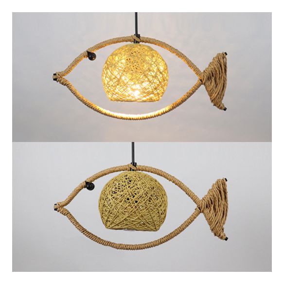 1/2/3-Light Fish Shaped Pendant Lighting Rustic Bine Single Head Hanging Lamp in Beige