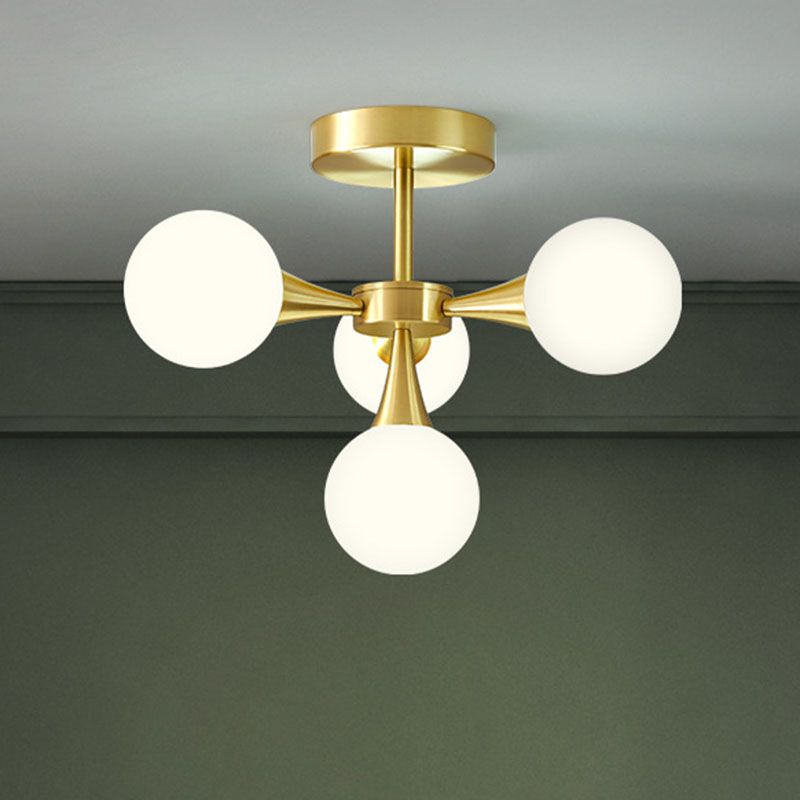 Global Semi Flush Ceiling Light Minimalist Opal Glass Bedroom Flush Light in Brass