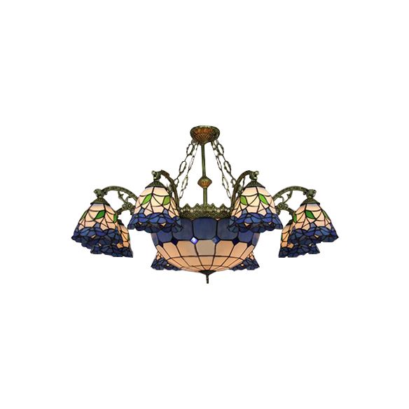 9 Lights Flared Suspension Light Vintage Stained Glass Chandelier Lamp with Center Bowl Shade in Blue