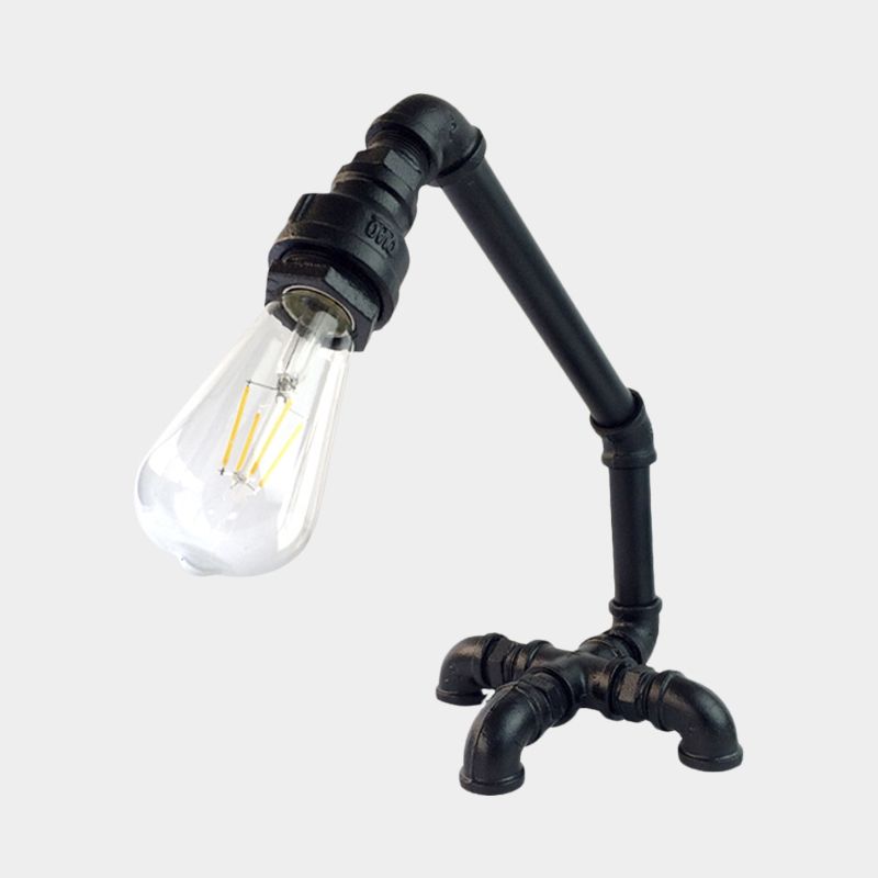 Metallic Bare Bulb Desk Light Vintage 1-Light Bedroom Plug-In Table Lamp in Rust/Black with Cross Pipe Base