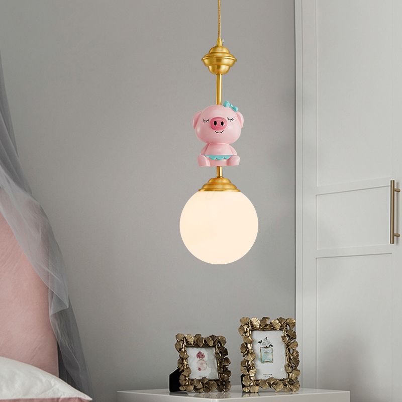 Pig Pendant Light Kids Style Resin Single-Bulb Nursery Suspension Light with Globe Opal Glass Shade in Gold