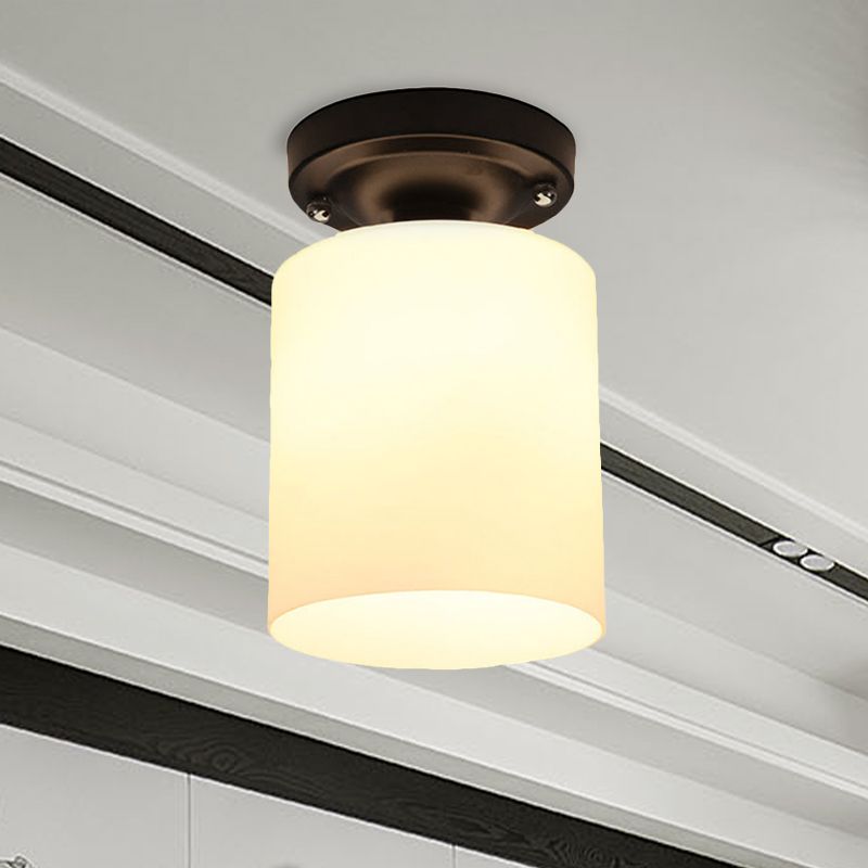 Black One Light Ceiling Mount Industrial Milky Glass Cylinder Semi Flush Light for Corridor