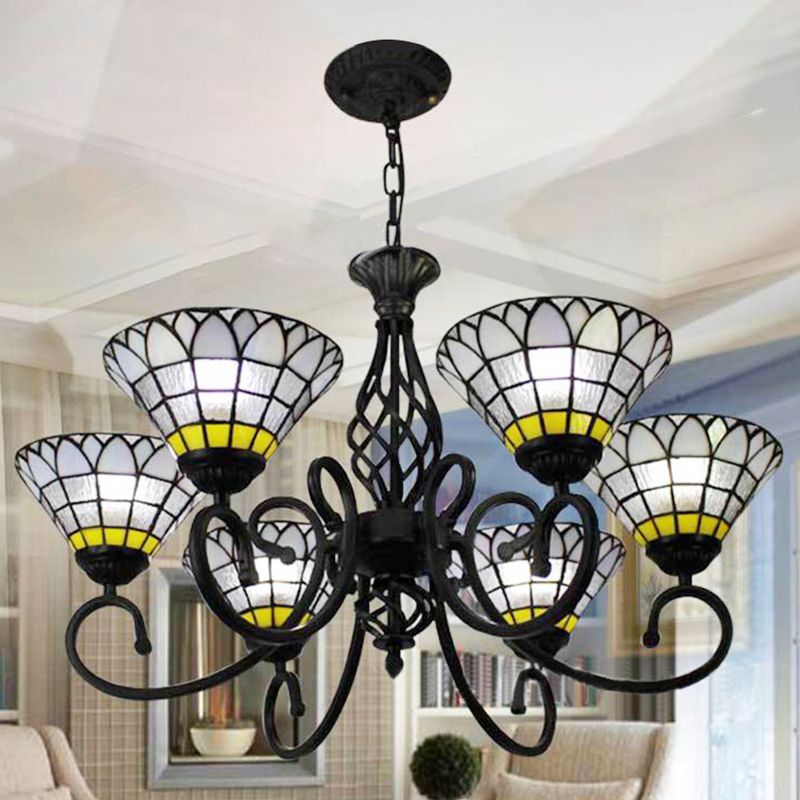 Tiffany Retro Loft Clear Chandelier Bell Shade 6 Lights Glass Hanging Light for Living Room