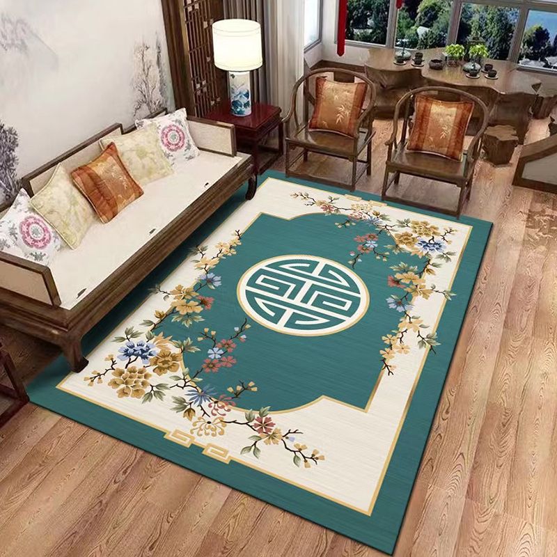 Blue Tone Chinese Indoor Rug Polyester Ink Branch Print Carpet Easy Care Rug for Home Decoration
