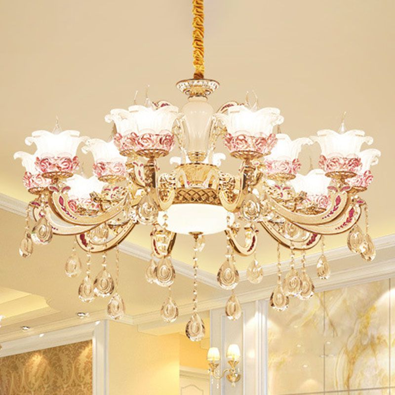 Modern Flower Hanging Chandelier Frosted Glass Living Room Drop Pendant with Dangling Crystal Accent