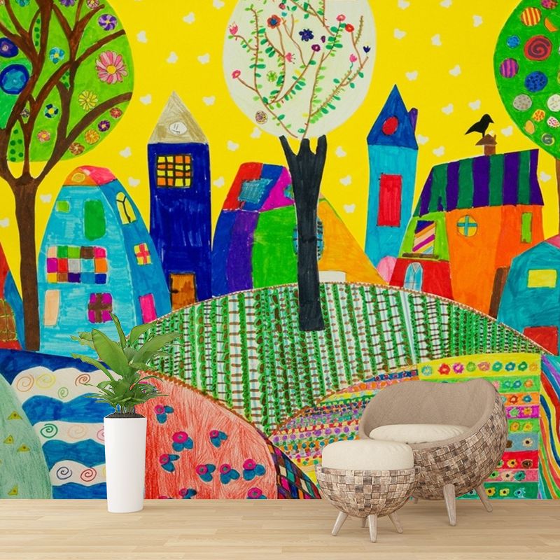 Colorful Childrens Art Wall Murals Full Size Suburbs Drawing Wall Decor for Nursery