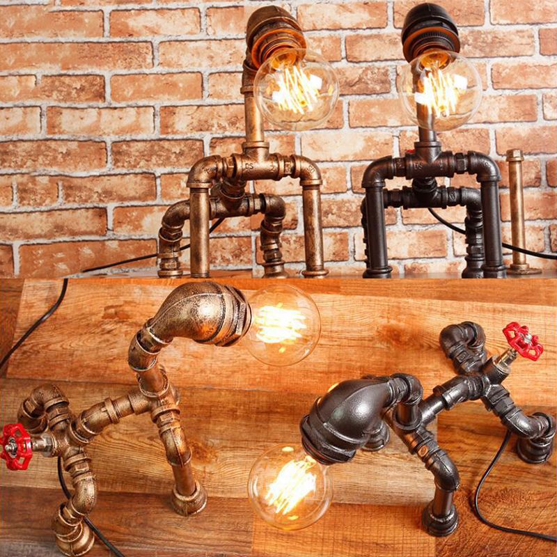 1-Light Dog Table Lamp with Water Pipe Industrial Black/Bronze Wrought Iron Table Lighting for Restaurant