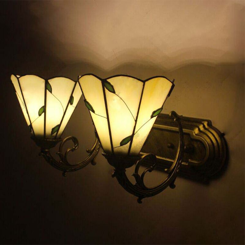 Beige Conical Wall Light with Leaf 2 Heads Tiffany Rustic Glass Wall Lamp for Study Room