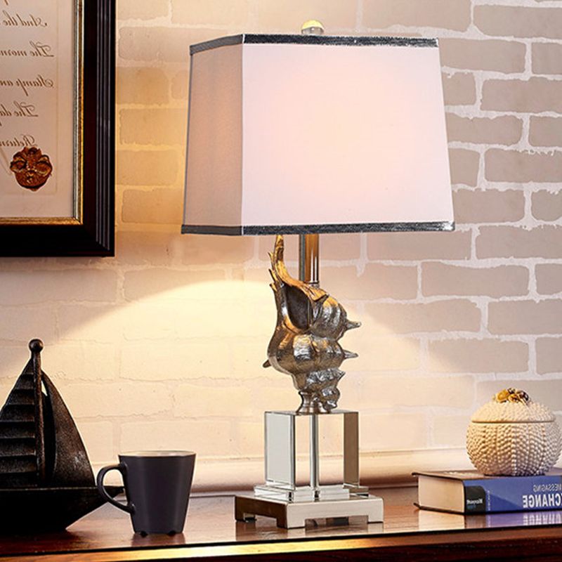 Silver/White Conch Shell Night Light Countryside Resin 1 Head Dining Table Lamp with Square Pleated Fabric Shade