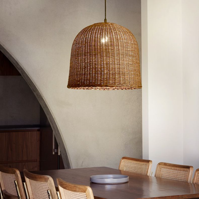 Farmhouse Natural Rattan Ciondolo illuminazione a 1 luce Sala da pranzo a sospensione in marrone