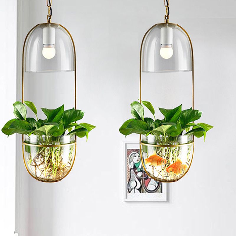 Oval Restaurant Pendant Lighting Industrial Metal 1 Bulb Gold LED Hanging Light Fixture