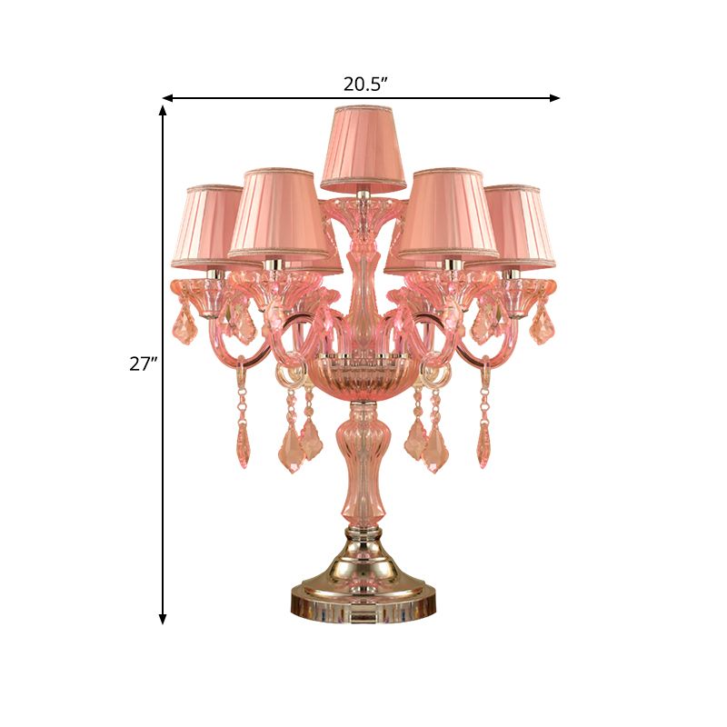 Candle Bedroom Table Light Traditional Crystal Spears 5/6/7 Bulbs Pink Nightstand Lamp with Pleated Fabric Shade