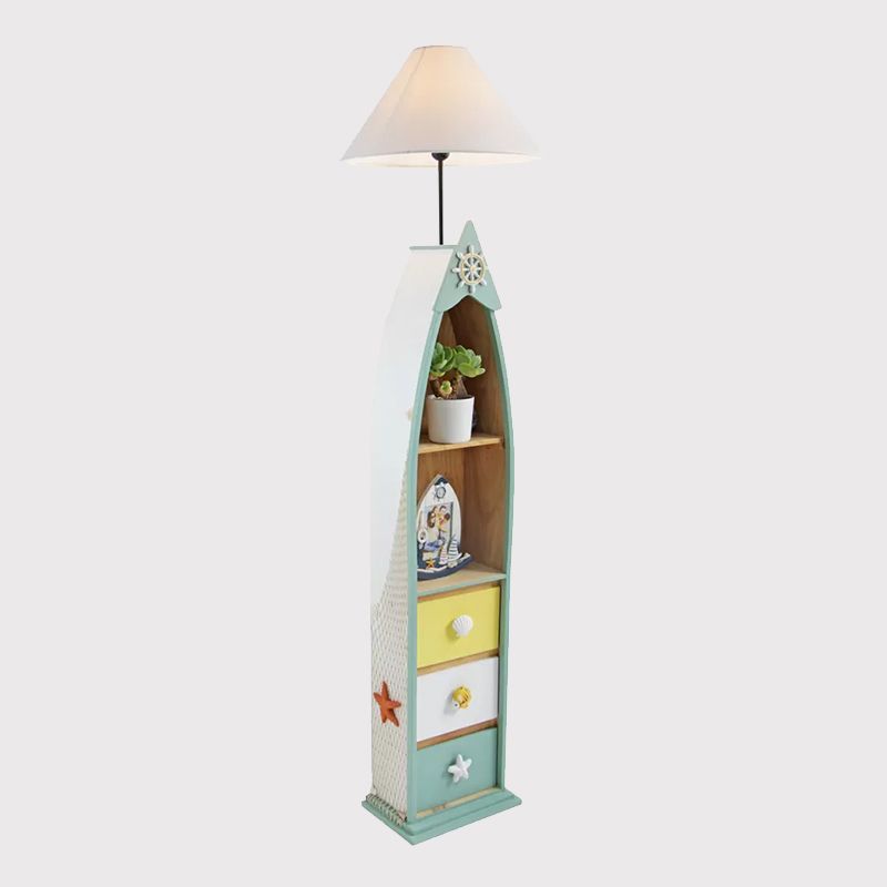 Wood Surfboard-Like Shelf Floor Lamp Children Single Head Pink/Green/Blue Standing Light with Cone White Fabric Shade