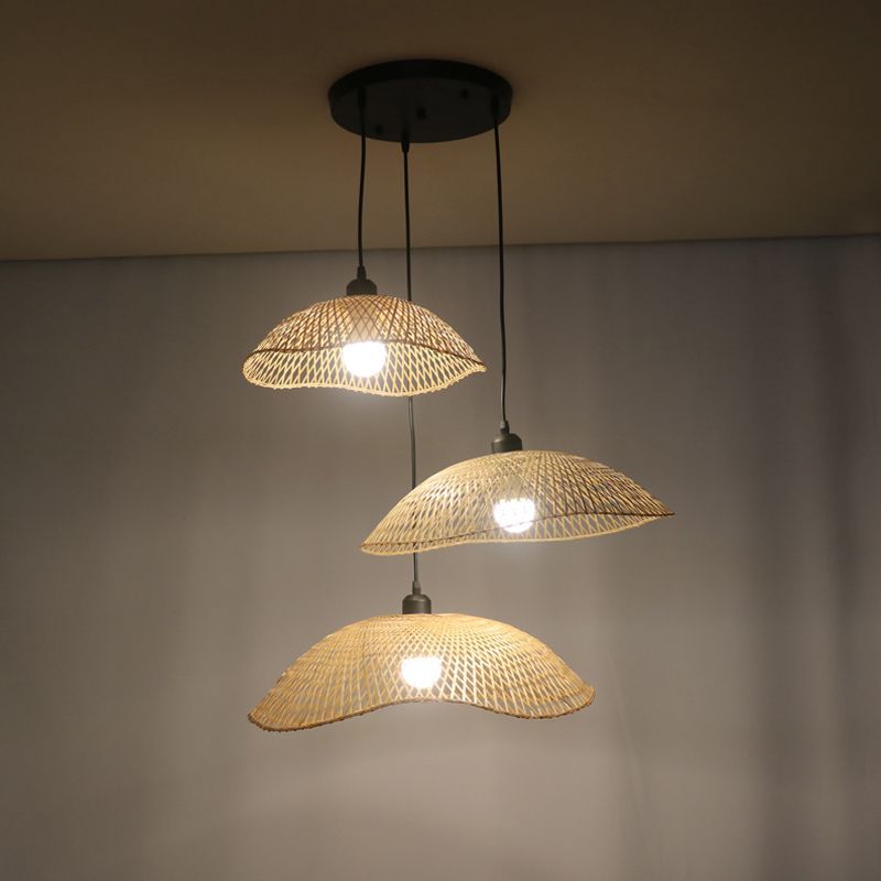 Beige Wavy Dome Cluster Pendant Lamp Loft 3 Bulbs Bamboo Suspension Light for Dining Room